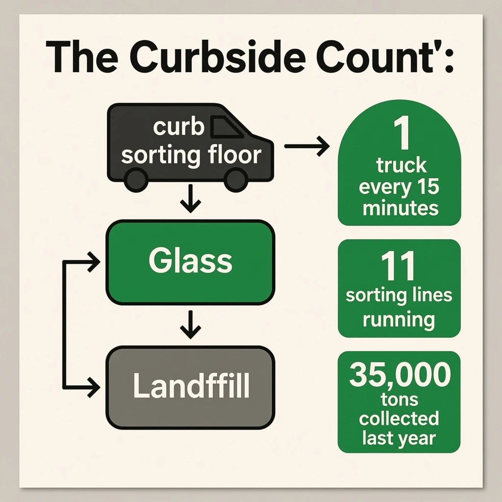 Printed poster titled "The Curbside Count": at the center a flow chart from curb to sorting floor, carrying two keyed regions, "Glass" shaded green and "Landfill" shaded gray, beside a right column of three stat chips reading "1 truck every 15 minutes", "11 sorting lines running" and "35,000 tons collected last year".