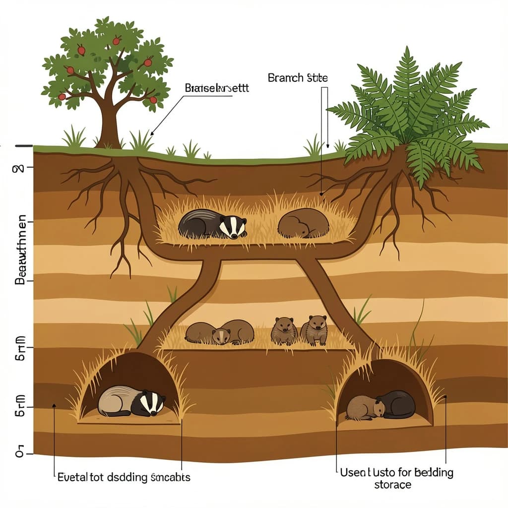 Flat vector cross-section of a badger sett cut through a hillside, soil drawn as layered ochre bands with tree roots threading through. Four chambers at different depths: the deepest lined with dry grass holding two sleeping badgers curled together, one mid level chamber standing empty, one holding three cubs, and a shallow chamber used for bedding storage. Five tunnels connect them, and two entrances break the surface, the left one under a hawthorn and the right one screened by bracken. Labels sit outside the soil profile on hairline leaders, with a depth scale in metres down the left edge.