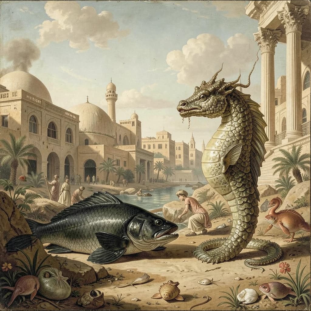 Blackfish and Sea Horse in Sanaa, Yemen in the style of neoclassical