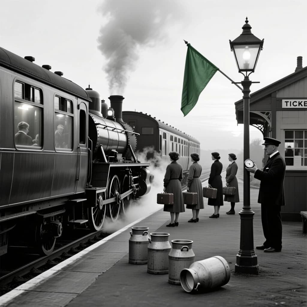 Black and white photography, historical reconstruction of a 1912 branch line halt at dawn. A steam locomotive stands at the platform with steam sheeting from between the driving wheels, three coaches behind it and only the middle coach with its windows lit. Eleven passengers wait on the platform: eight facing the engine, three facing away toward the ticket hut, and only the four women among them carrying luggage. The stationmaster stands under the lamp post with a rolled green flag and a pocket watch open in his palm. Milk churns line the platform edge, five in a row, the last one tipped on its side.