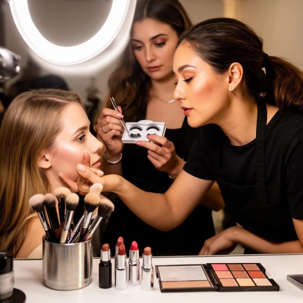 Fashion photograph at a backstage vanity lit by a ring light. A makeup artist in a black apron leans in from the right and blends cream blush into a seated model's cheekbone with her fingers, while a second artist standing behind them holds a lash tray in one hand and tweezers in the other, mid pick. On the counter between them: six brushes standing bristle up in a metal cup, three lipstick bullets lying in a row with their caps off beside them, and one open palette showing two used shades and four untouched. Warm skin tones, glossy highlights, shallow depth of field.