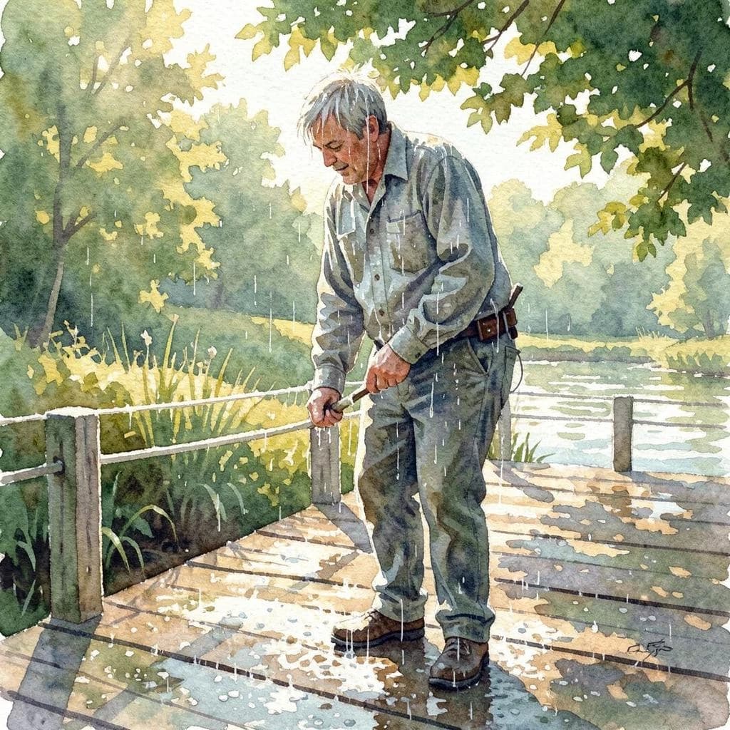 A gardener covered in morning dew on a wooden pier, in dappled afternoon light, low-angle view, watercolor style.