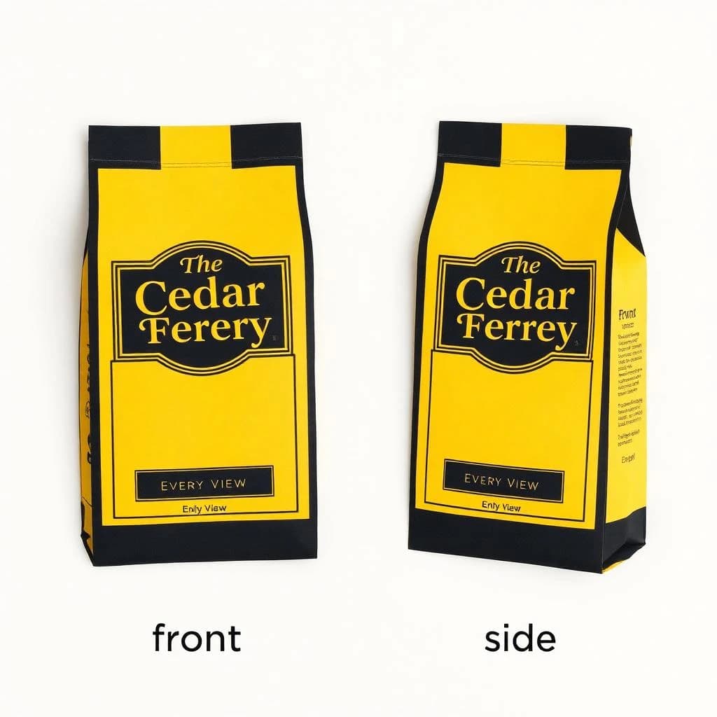 Cut-paper collage: one coffee bag in two views. The views are captioned "front" and "side" in that order. The wordmark "The Cedar Ferry" appears on every view. The black-and-yellow coloring is the same across every view, and only the angle changes.