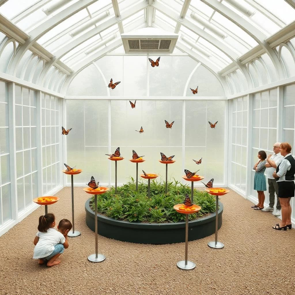 Interior render of a glasshouse butterfly conservatory, white cast iron arches and misted glass, humid morning light.
A raised planting bed spirals through the centre with a gravel path running around it. Five feeding stations on slim posts stand along the path, each holding a shallow dish of orange slices: monarch butterflies cluster on three of the dishes while two are untouched. Seven more monarchs rest on the milkweed in the bed and two are in flight above the path. Three visitors in the room, a child crouching at the nearest feeding station, an adult behind her pointing upward, and a guide standing at the far end beside an information board. Fine mist drifting near the roof vents. Physically based render.