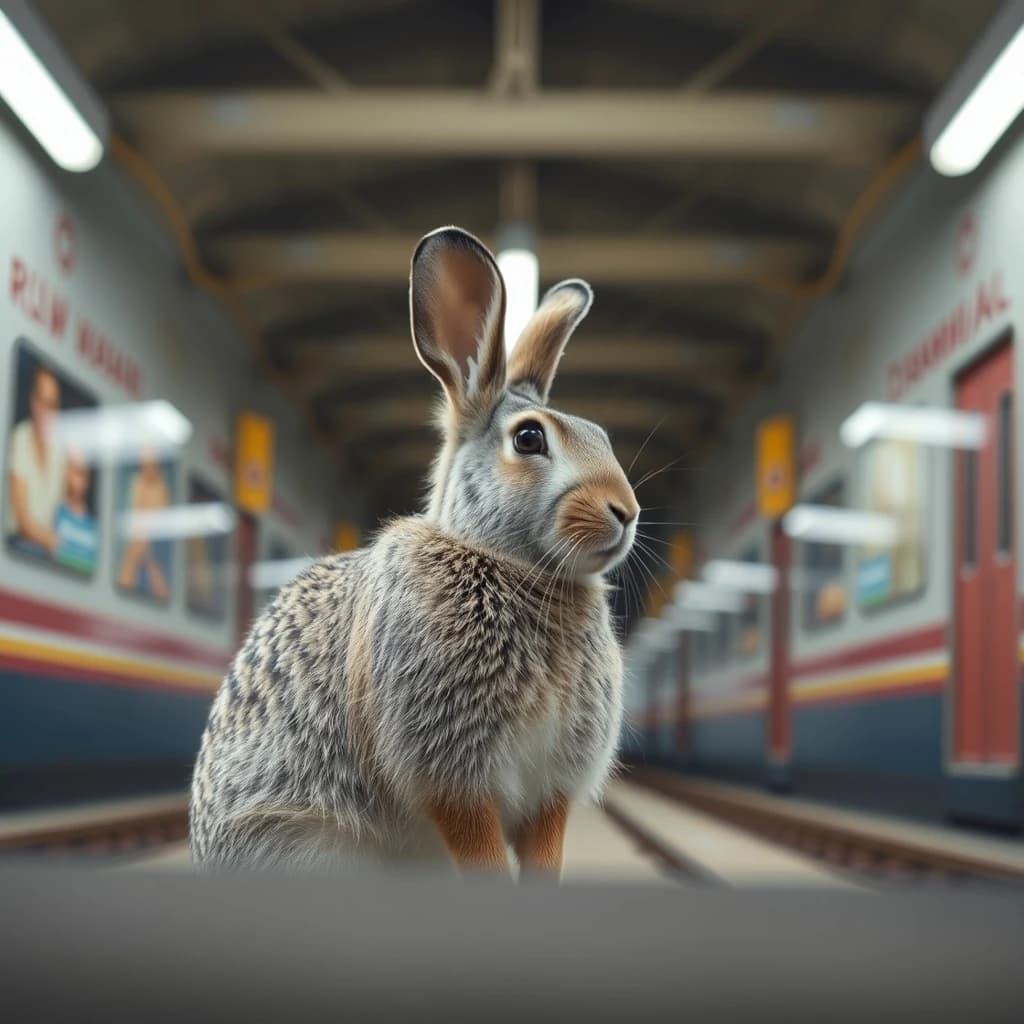 85mm f/1.8 profile framing of an arctic hare inside a train station hall, rim-lit, slight barrel distortion, medium-format look