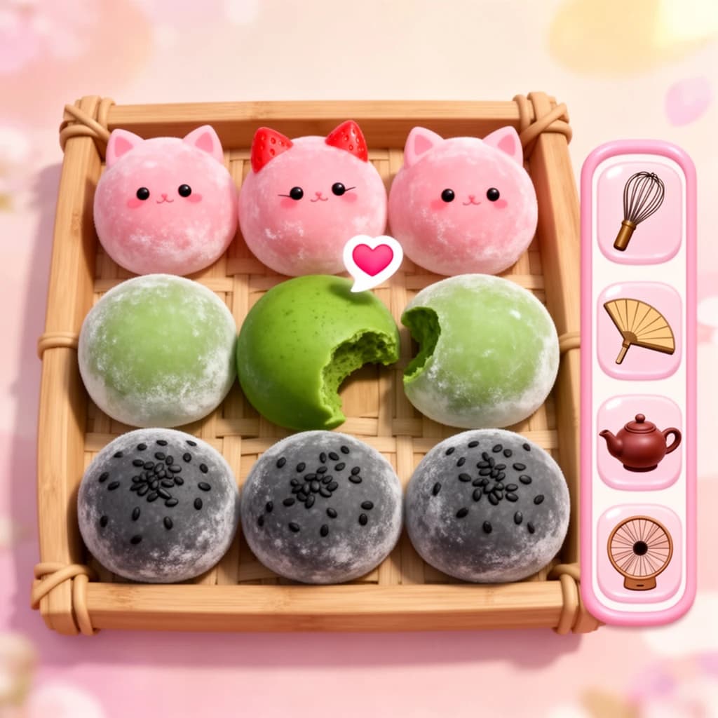 Match three board for a cozy sweets game, cute stylized 3D animation look. Nine mochi in a three by three grid on a bamboo tray: the top row strawberry pink, the middle row matcha green, the bottom row black sesame grey. The center green one has a bite taken out and a small heart icon floating above it. Two of the pink mochi wear tiny cat ears. To the right of the tray, a vertical strip of three power up icons, a whisk, a teapot and a fan. Soft pastel lighting, glossy dusted surfaces.