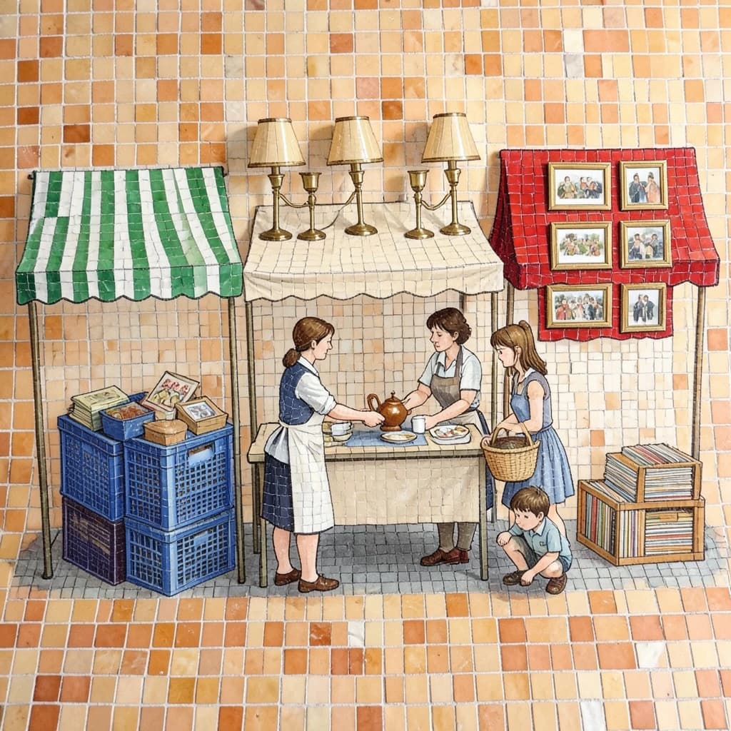 Glass tile mosaic of a Sunday flea market seen from a slightly raised angle, small square tesserae and warm terracotta grout. Three stall awnings in a row: the left one striped green and white over stacked vinyl crates, the middle plain canvas over six brass lamps with only the two tallest wearing shades, the right red awning hung with nine framed pictures in three rows of three. Under the middle awning a vendor in an apron hands a teapot across the table to a woman holding a straw basket, while a boy crouches at her feet by a crate of records. No lettering anywhere.