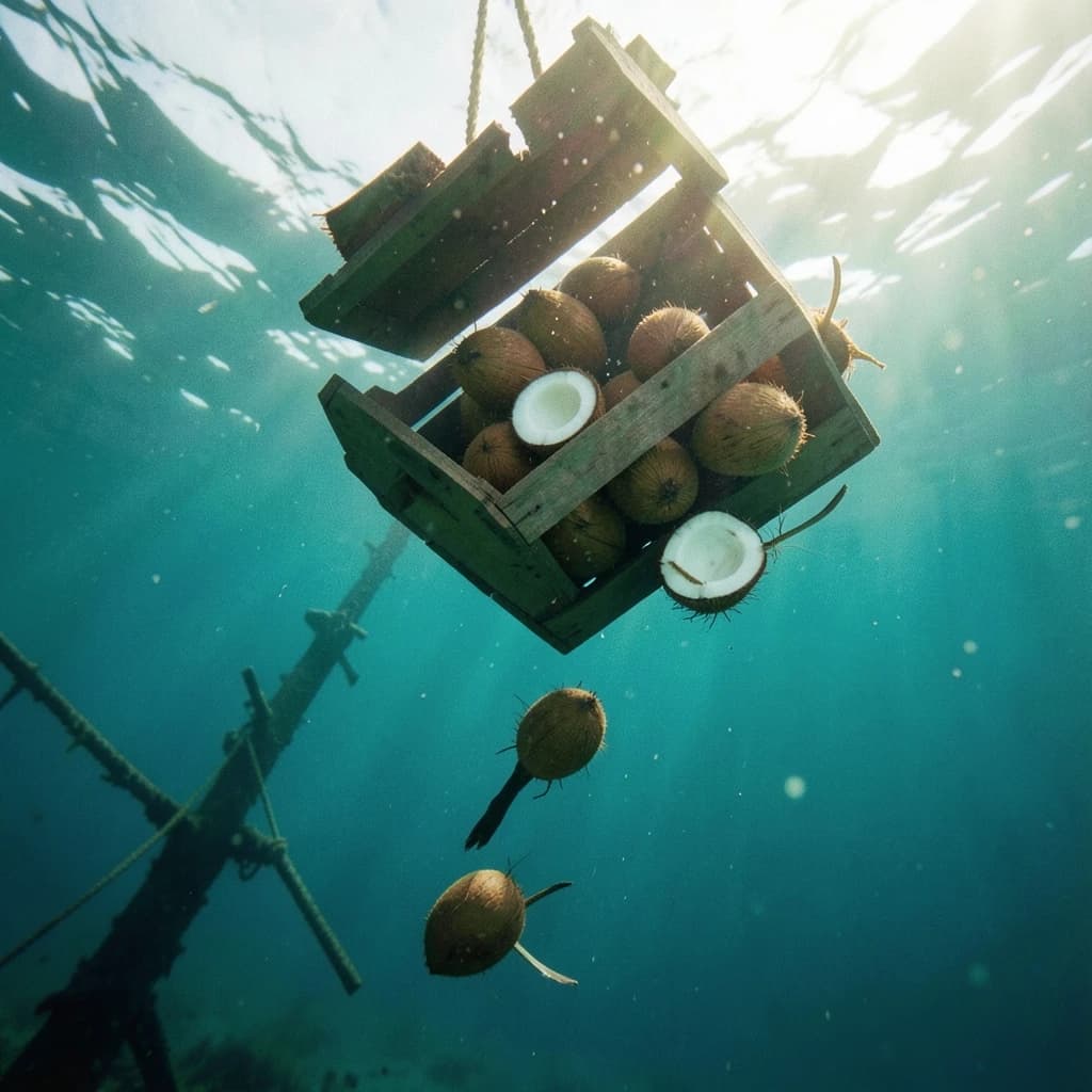 Underwater photography, film still from a castaway feature, shot from six metres down looking up toward the surface. A wooden crate has burst mid-sink: nine coconuts drift out of it, five still husked and pale brown, four split open and white, the split ones sinking faster than the whole ones. The crate hangs above them, lid half torn away, roped to a sunken mast that runs out of frame to the lower left. A swimmer silhouetted against the bright surface reaches down toward the nearest whole coconut, one fin missing. Blue green water column, sunbeams, drifting particles, natural light only.