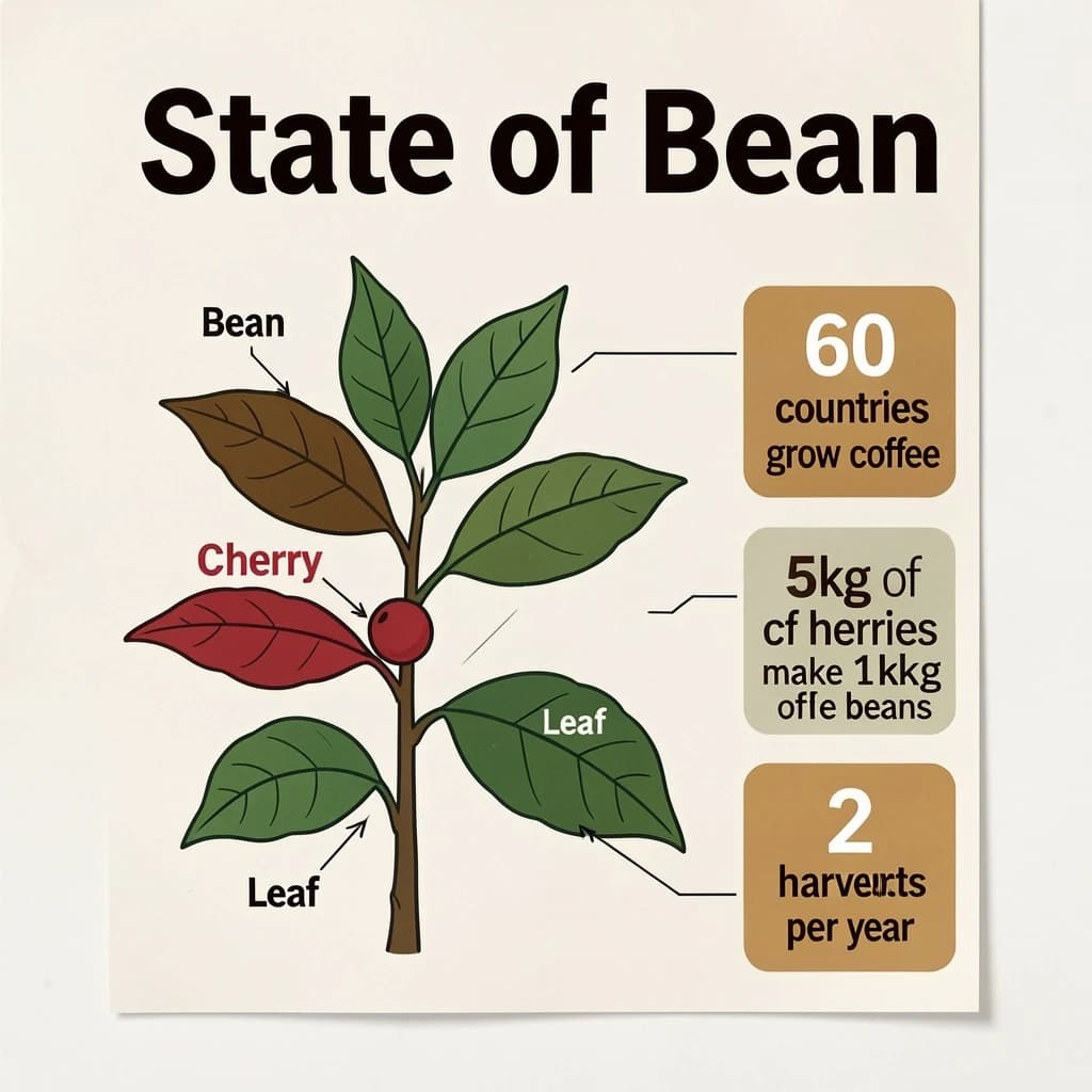 Printed poster titled "State of Bean": at the center a labeled coffee-plant diagram, carrying three keyed regions, "Bean" shaded brown, "Cherry" shaded red and "Leaf" shaded green, beside a right column of three stat chips reading "60 countries grow coffee", "5kg of cherries make 1kg of beans" and "2 harvests per year".