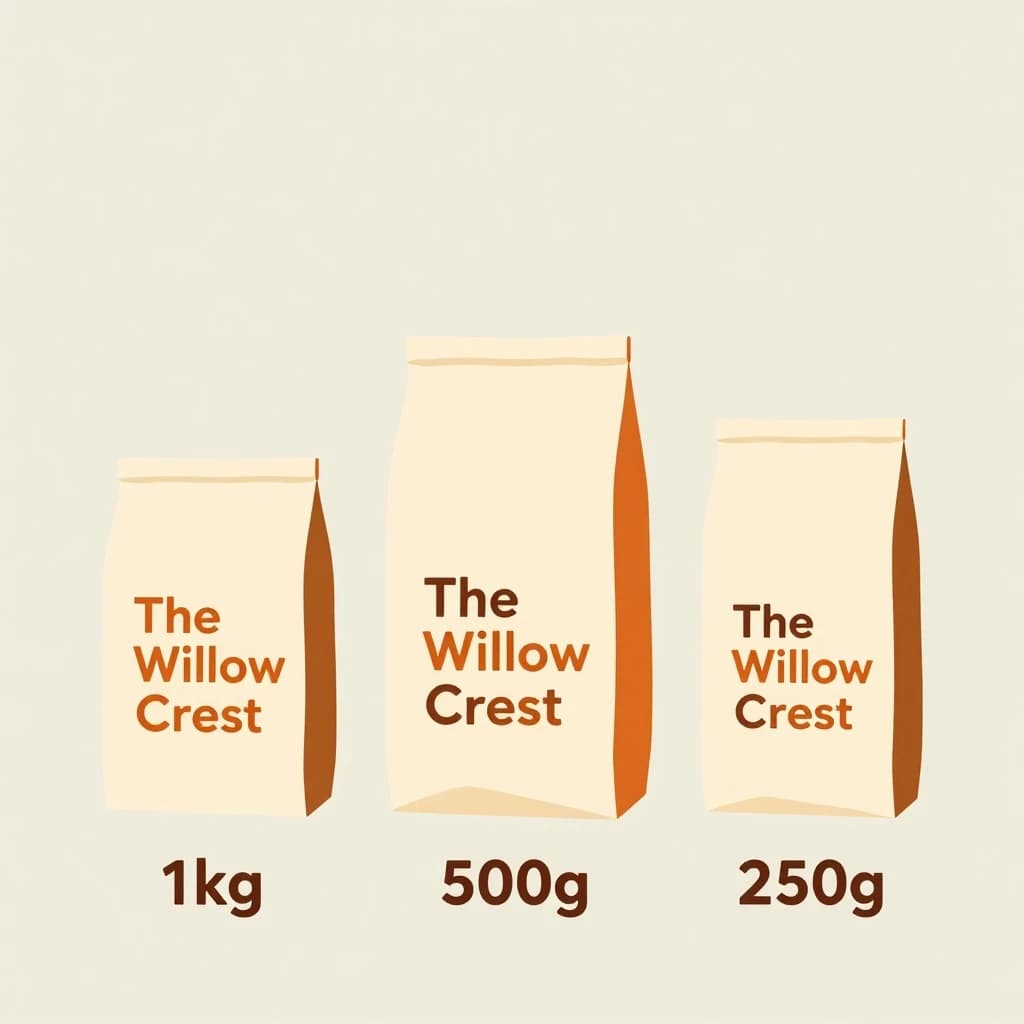 Flat vector illustration of the same coffee bag drawn in three sizes, captioned "1kg", "500g" and "250g", every size carrying the wordmark "The Willow Crest" in the same orange-and-brown coloring, only the bag size changing.