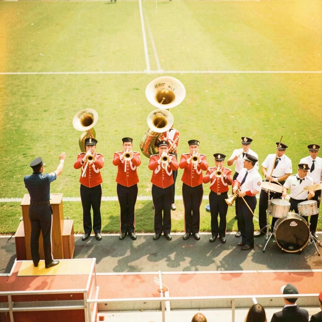 Nineteen seventies Kodachrome-era colour film look, faded warm grain and slight overexposure: a high school marching band seen from a stadium walkway. Front rank of five trumpet players in red and white uniforms, all with horns raised. Behind them three sousaphones in a triangle, the middle player caught mid turn. A line of four drummers to the right, the snare drummer nearest the camera mid stroke. A single drum major stands on a podium at the far left with his back to us, arms up. Empty green field behind them.