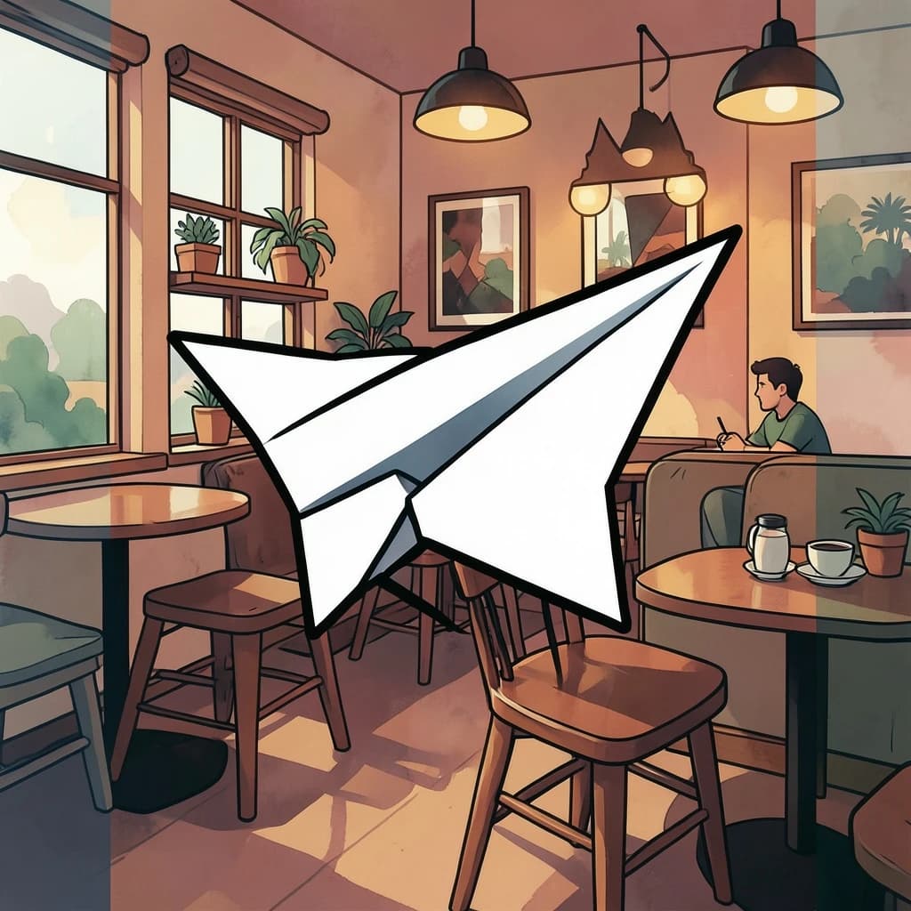 Silkscreen print of a paper airplane inside a cozy cafe, layered wash, smooth vector finish, split-complementary palette.