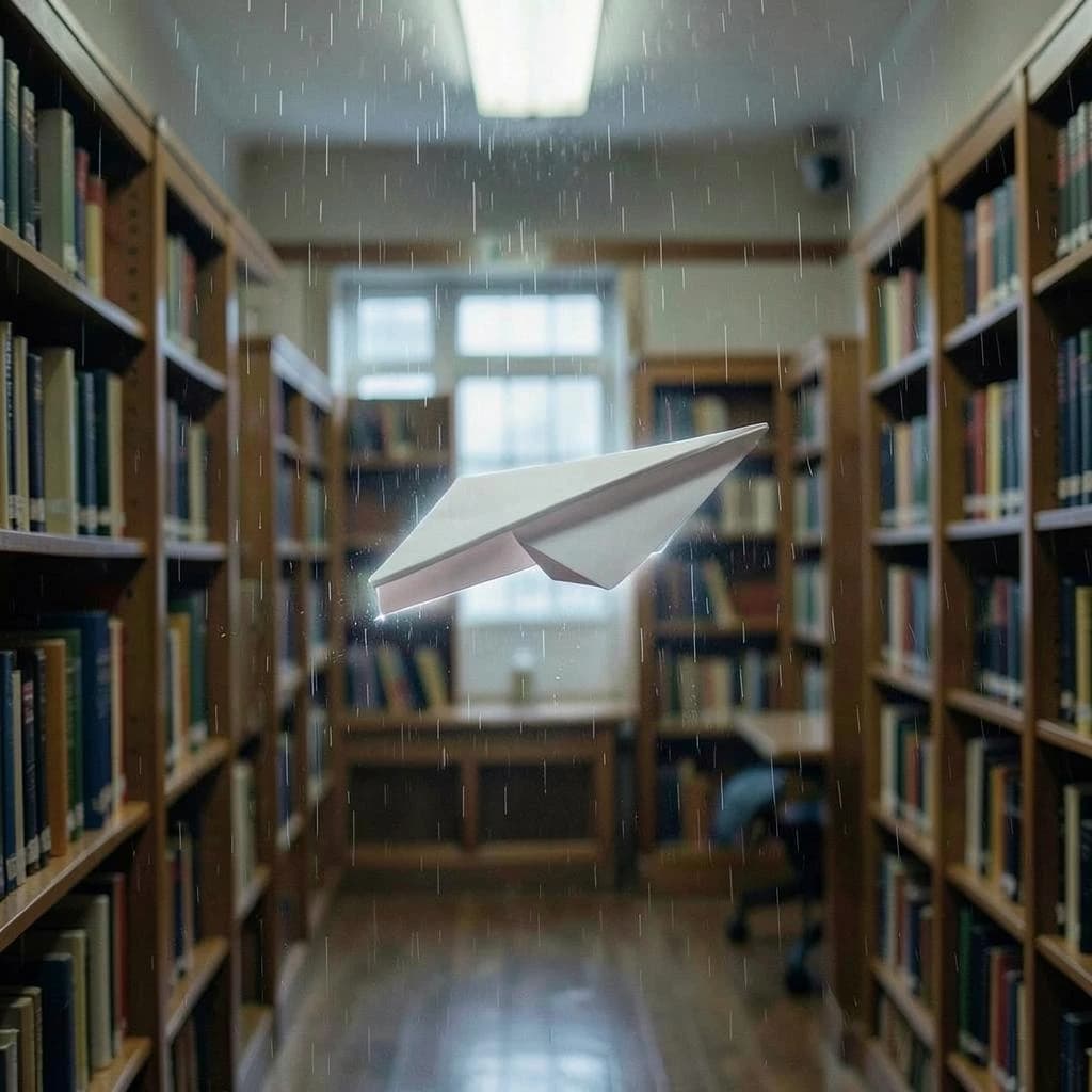 The quiet second when a paper airplane picks up a soft edge highlight, in a quiet library, after a light rain shower.