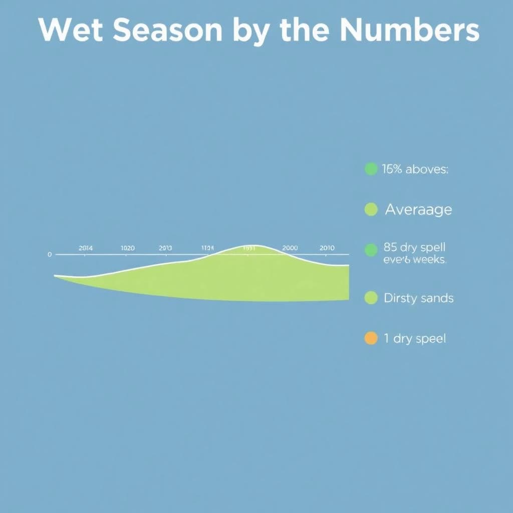 Flat vector illustration titled "Wet Season by the Numbers". A twelve-month rainfall timeline sits at the center, carrying three keyed regions, "Wettest" shaded dark blue, "Average" shaded pale green and "Driest" shaded sand. Three stat chips run down a right column, reading "16% above the ten-year mean", "85 rain days last year" and "1 dry spell every 6 weeks". Each key color matches the shading of the region it names.