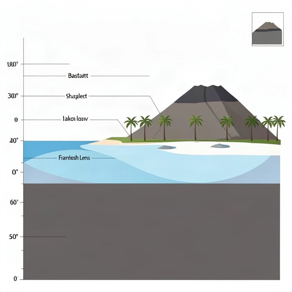 Cross section of a volcanic tropical island as a flat academic figure with clean colour blocks and a horizontal sea level line. Reading from the ocean on the left toward the right: a fringing reef crest, a shallow lagoon holding three coral heads, a white sand beach, a coconut palm belt of five trees, then a rising basalt cone with two lava layers picked out in darker grey, and a freshwater lens drawn as a pale blue dome under the middle of the island. Below sea level the flanks drop in three stepped terraces to a flat deep floor. Eight leader line labels, a depth scale down the left edge, and a small locator inset in the top right.