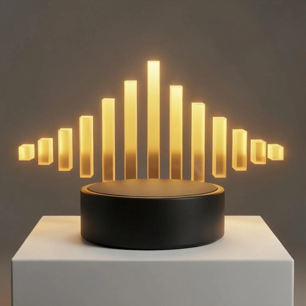 Cinematic 3D render of a matte black speaker puck on a white plinth, with a sound waveform behind it built from fourteen glowing amber bars in a gentle curve, the three tallest centred directly behind the puck and the bars shortening evenly toward both ends.