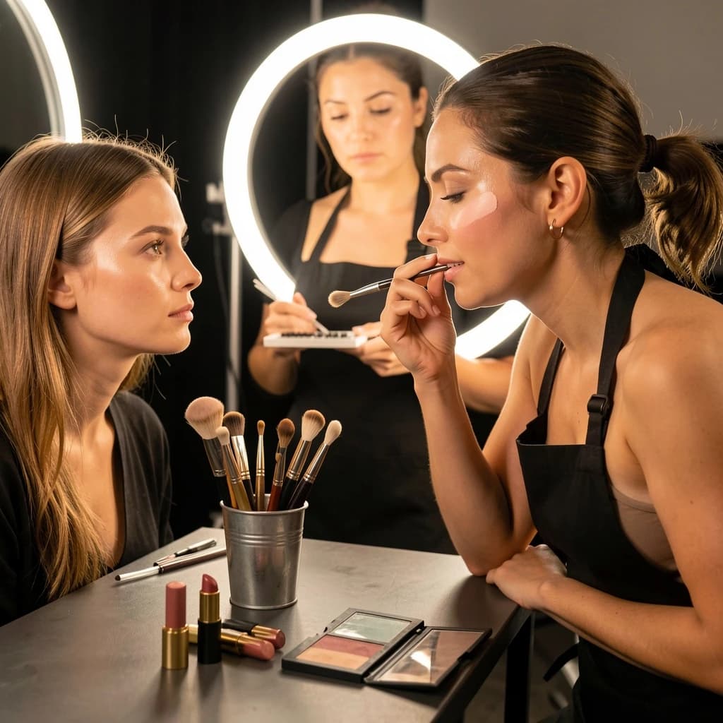 Fashion photograph at a backstage vanity lit by a ring light. A makeup artist in a black apron leans in from the right and blends cream blush into a seated model's cheekbone with her fingers, while a second artist standing behind them holds a lash tray in one hand and tweezers in the other, mid pick. On the counter between them: six brushes standing bristle up in a metal cup, three lipstick bullets lying in a row with their caps off beside them, and one open palette showing two used shades and four untouched. Warm skin tones, glossy highlights, shallow depth of field.