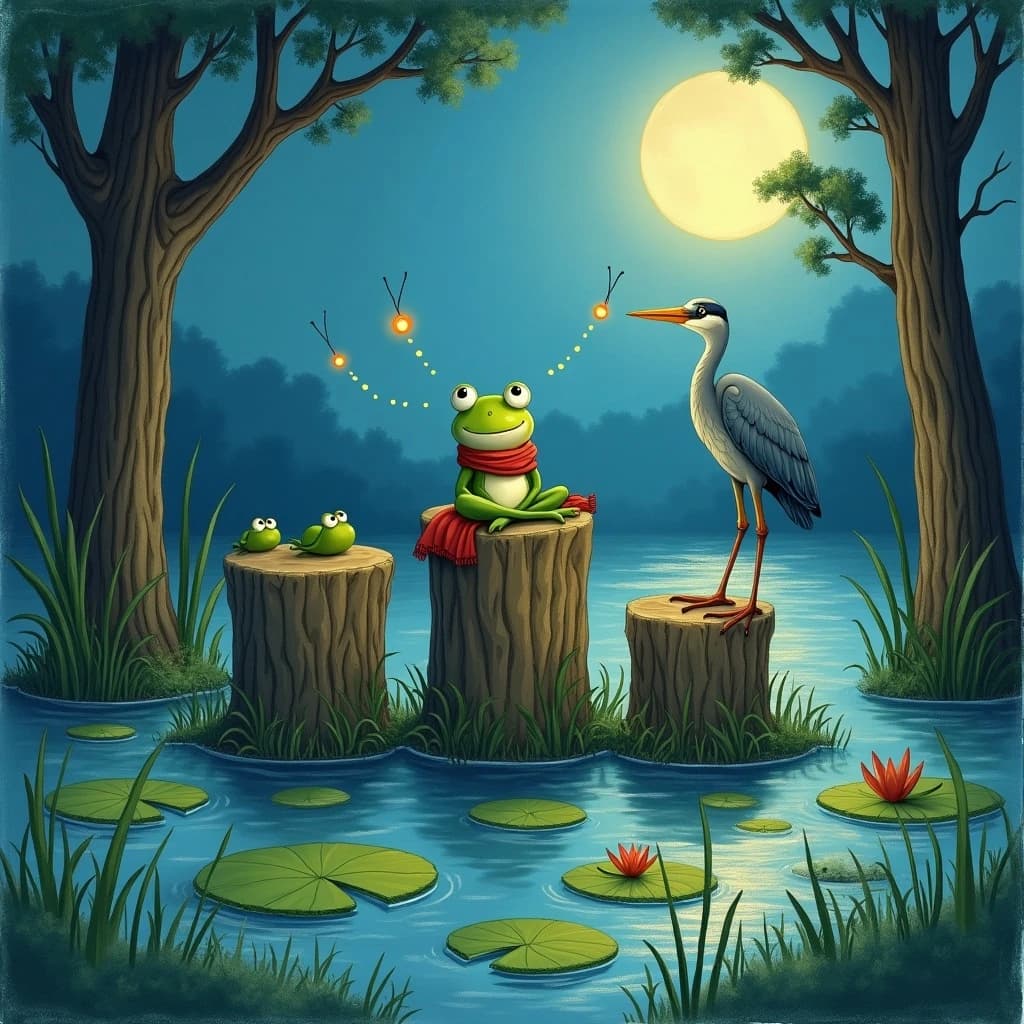 Story card in soft children's book illustration with crayon texture. A moonlit swamp with three cypress stumps in a row across the water. A small green frog in a red scarf sits on the middle stump. Two fireflies circle above his head while four more sit sleeping on the reeds to the left. A heron stands knee deep at the right edge, looking away from the frog. Nine lily pads float across the foreground, only one of them carrying a flower.