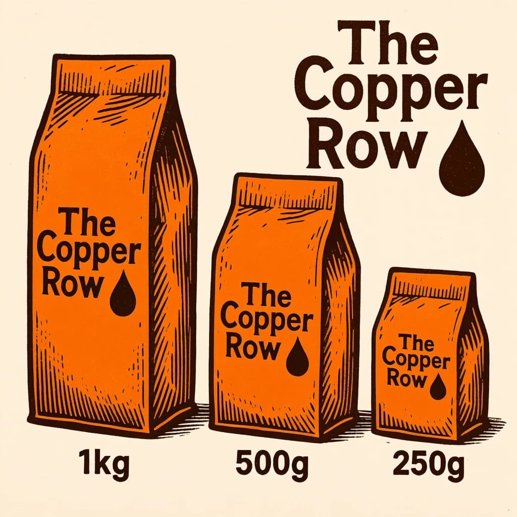 Linocut print: one coffee bag in three sizes. The sizes are captioned "1kg", "500g" and "250g" in that order. The wordmark "The Copper Row" appears on every size with a single droplet symbol beside it. The orange-and-brown coloring is the same across every size, and only the bag size changes.