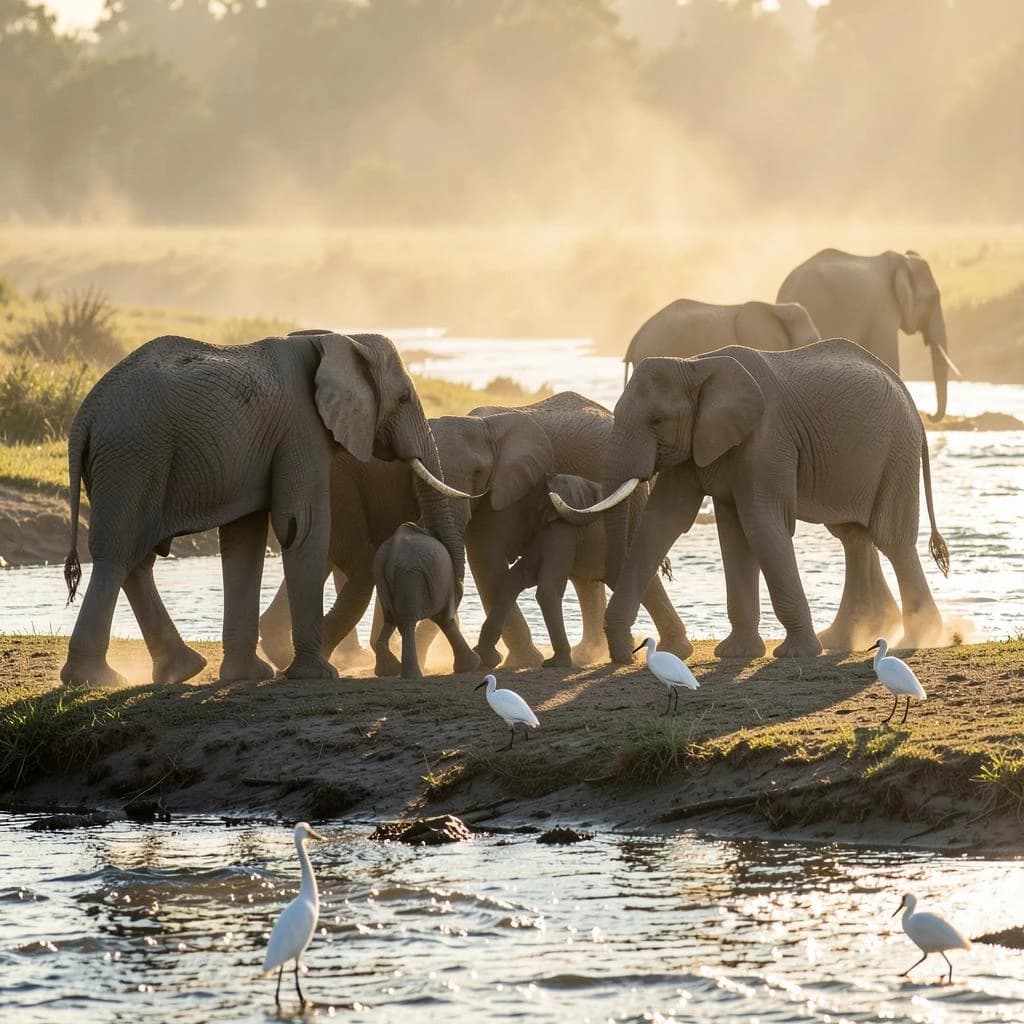 Wildlife photograph for a conservation campaign: a herd crossing a dusty riverbed in low sun. Seven elephants walking left to right, three adults flanking on the outside and two calves tucked between them, one adult trailing at the rear with a broken tusk, and the lead matriarch already up the far bank. Four egrets on the ground, only two of them near the calves. Long shadows, dust haze, nothing written in frame.