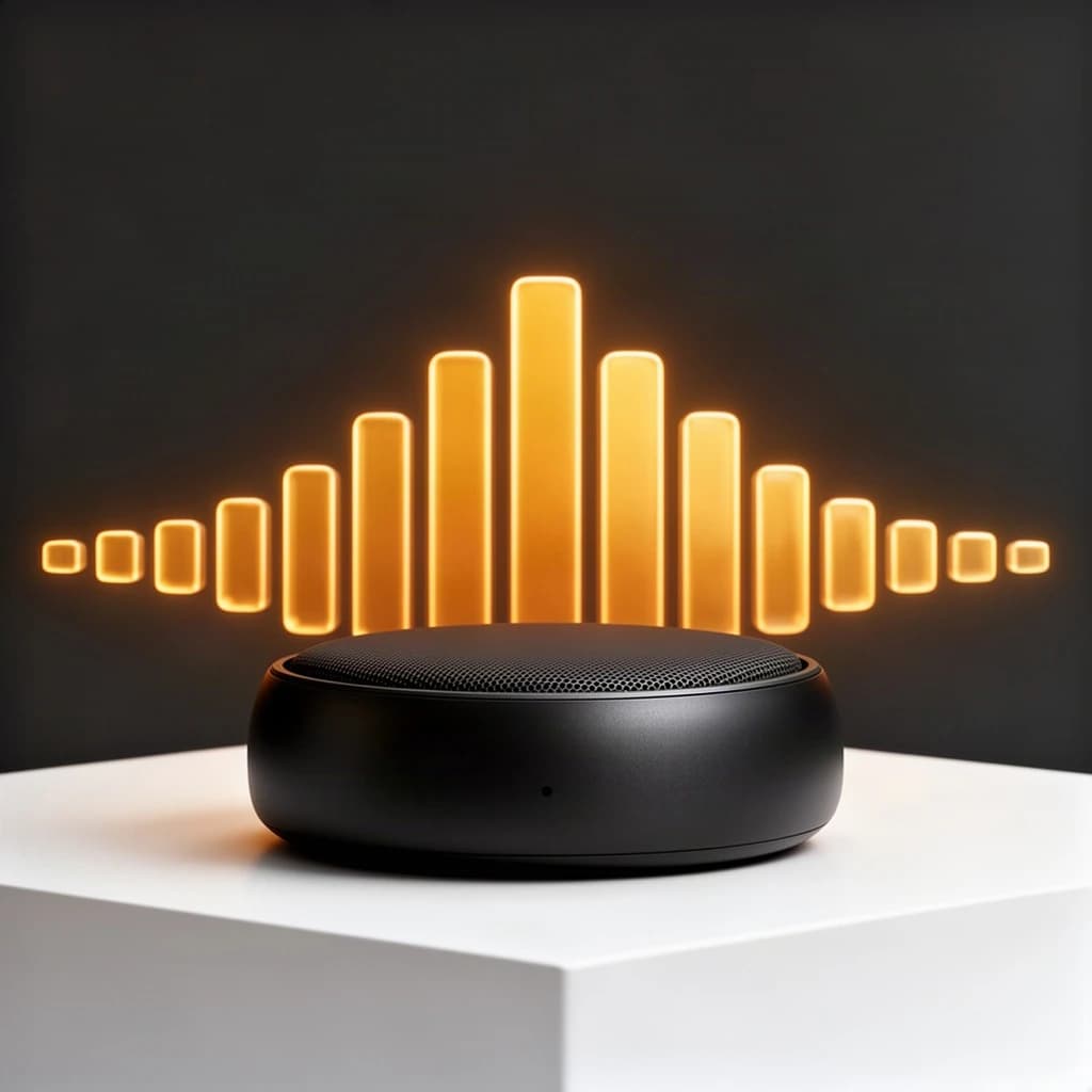 Cinematic 3D render of a matte black speaker puck on a white plinth, with a sound waveform behind it built from fourteen glowing amber bars in a gentle curve, the three tallest centred directly behind the puck and the bars shortening evenly toward both ends.