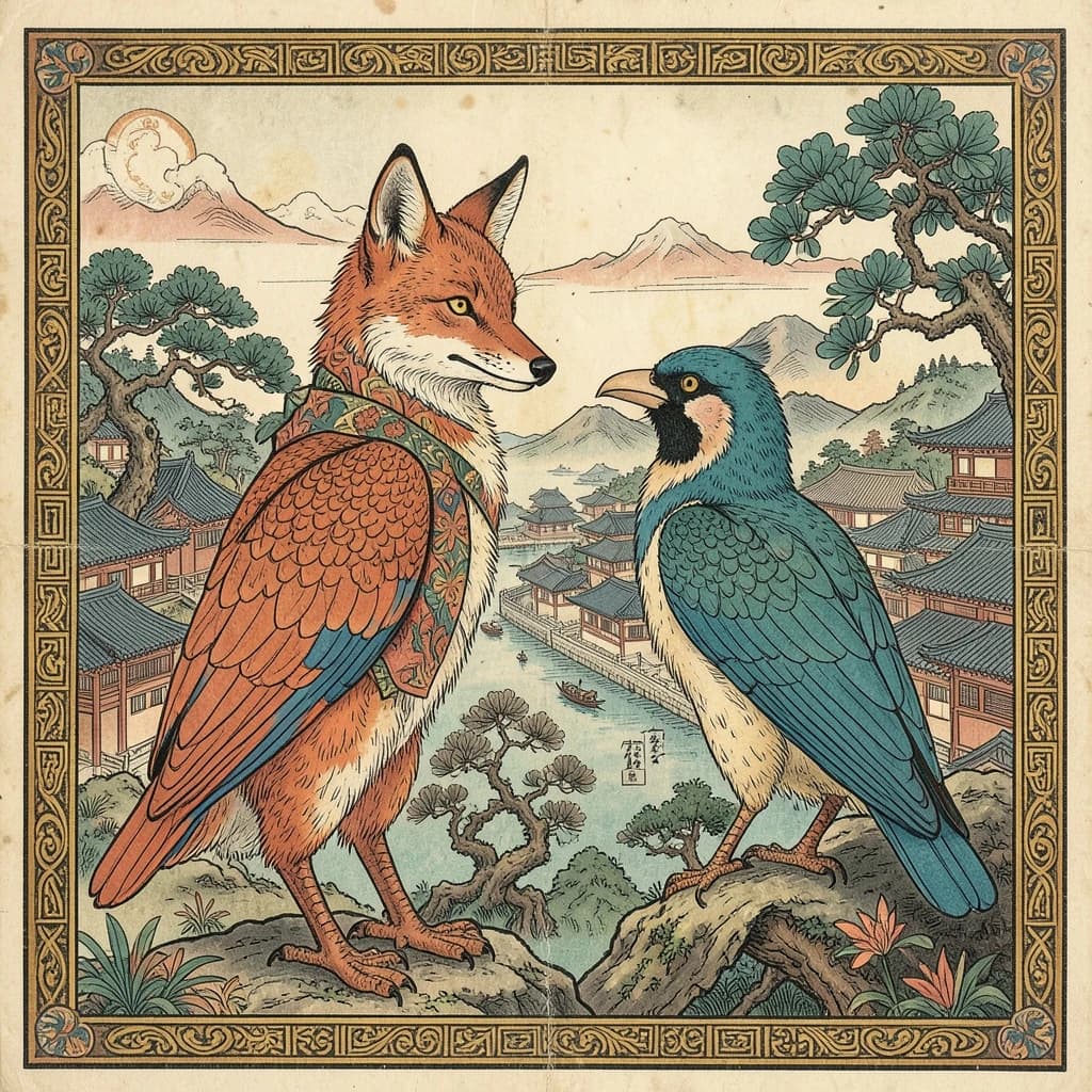 Fox and Turaco in Pyongyang, North Korea in the style of byzantine