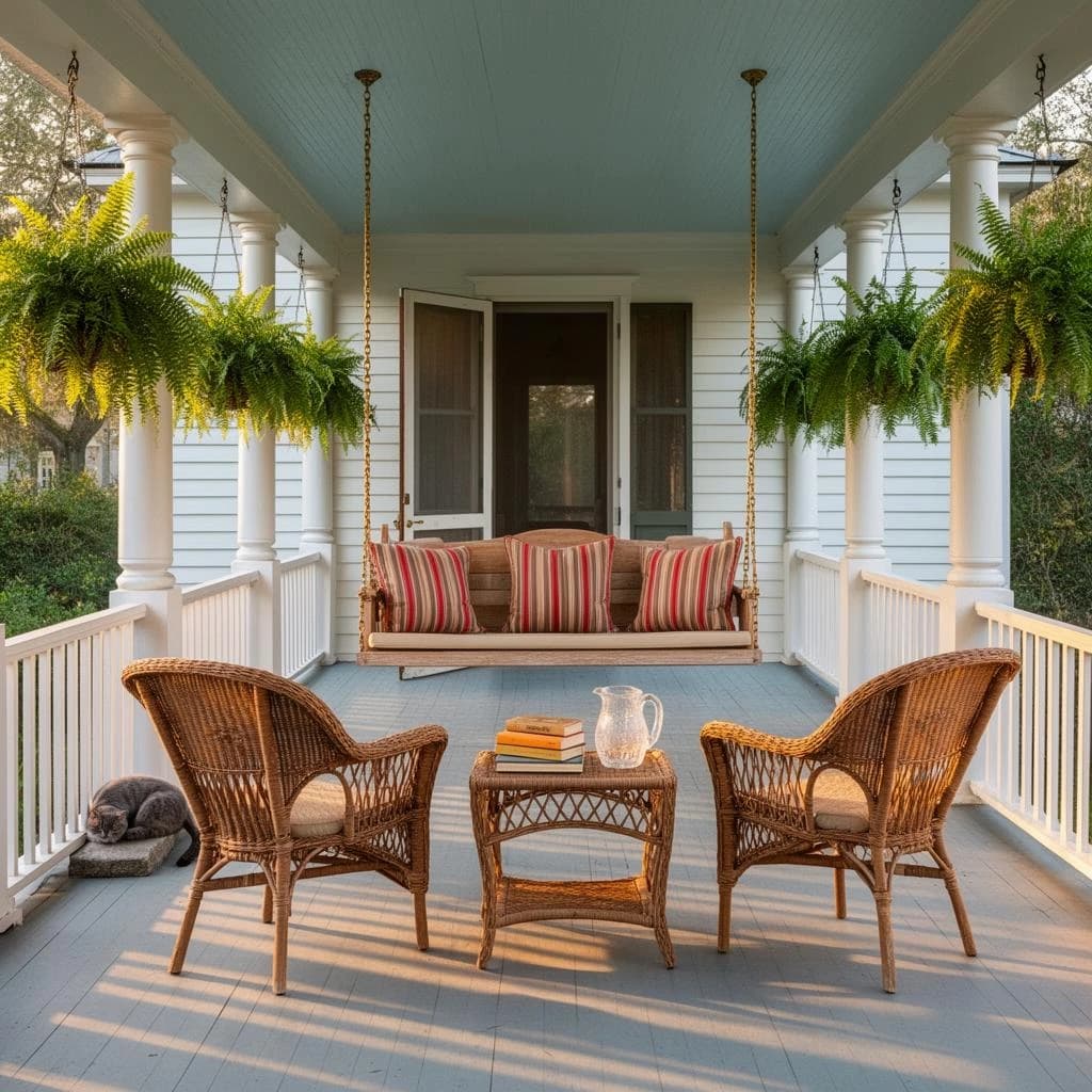 Real estate photograph of the wraparound porch on a restored Louisiana cottage, late afternoon. A cypress porch swing hangs on brass chains at the far end with three striped cushions on it, the middle cushion propped upright. Six turned columns run the length of the porch, ferns hanging between the first, third and fifth. Two wicker chairs face the swing across a low rattan table holding a stack of three books and a sweating glass pitcher. A grey cat sleeps on the rail nearest the steps, the screen door behind the swing standing half open. Low sun striping the painted floorboards, pale blue ceiling above.