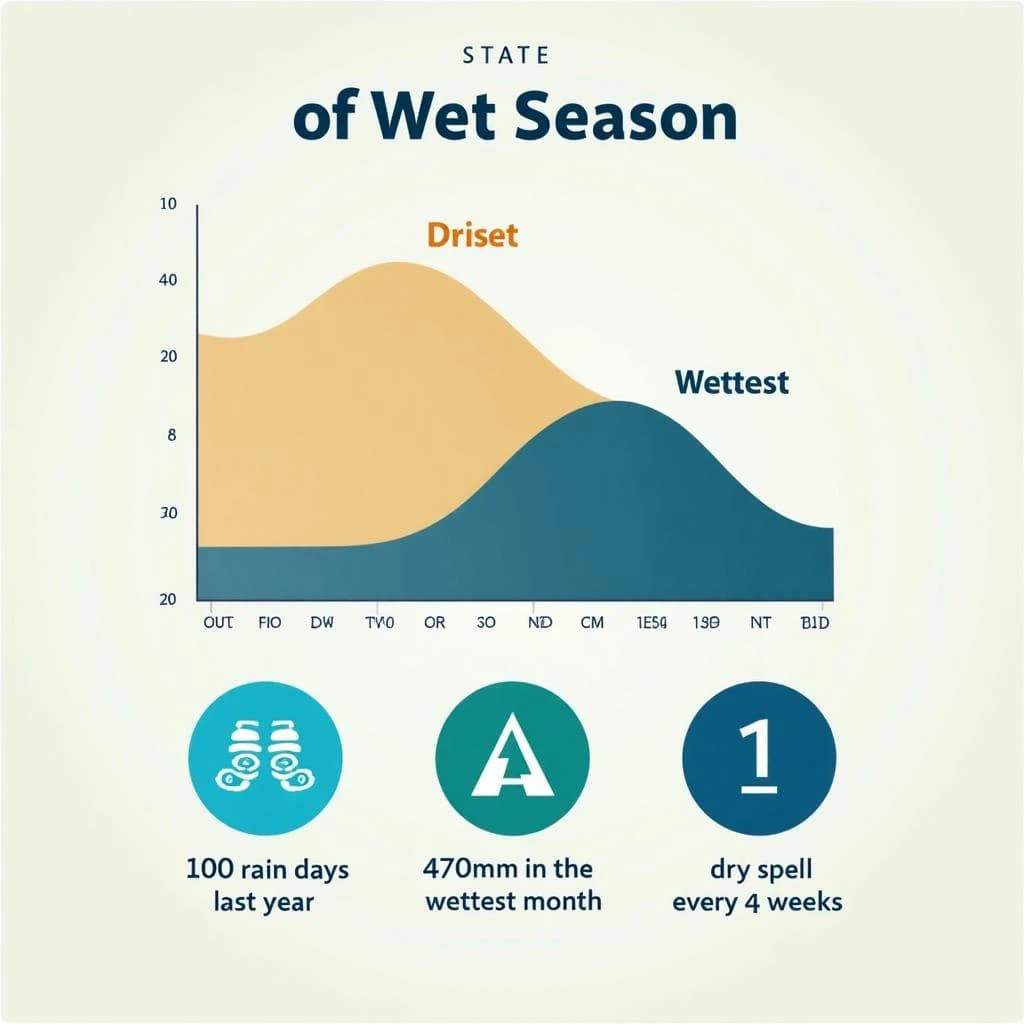Flat vector illustration titled "State of Wet Season": at the center a twelve-month rainfall timeline, carrying two keyed regions, "Driest" shaded sand and "Wettest" shaded dark blue, beside a bottom row of three stat chips reading "190 rain days last year", "470mm in the wettest month" and "1 dry spell every 4 weeks".
