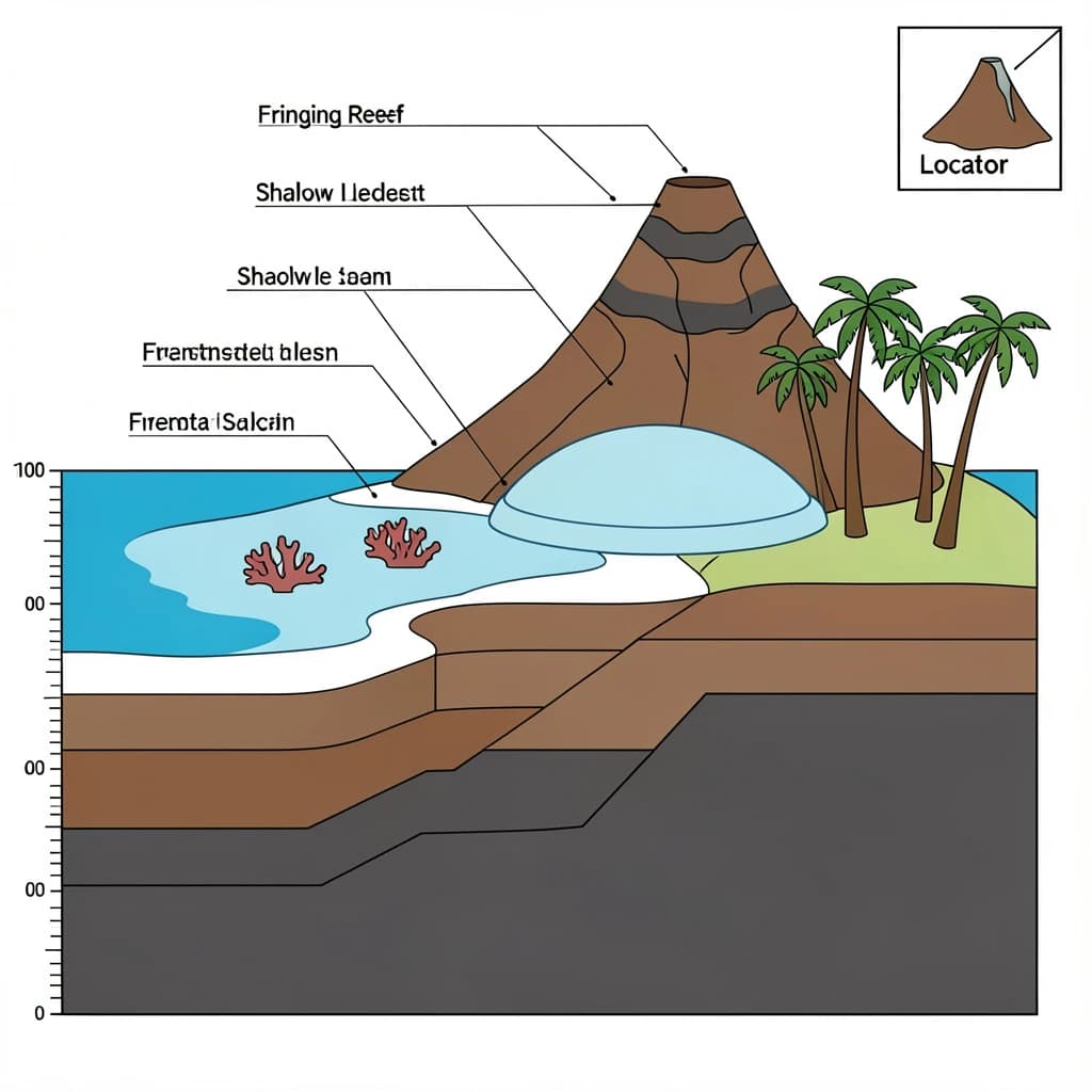 Cross section of a volcanic tropical island as a flat academic figure with clean colour blocks and a horizontal sea level line. Reading from the ocean on the left toward the right: a fringing reef crest, a shallow lagoon holding three coral heads, a white sand beach, a coconut palm belt of five trees, then a rising basalt cone with two lava layers picked out in darker grey, and a freshwater lens drawn as a pale blue dome under the middle of the island. Below sea level the flanks drop in three stepped terraces to a flat deep floor. Eight leader line labels, a depth scale down the left edge, and a small locator inset in the top right.