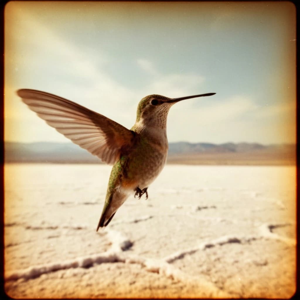 85mm f/8 portrait of a hummingbird across a salt flat, lit through a north-facing window, deep focus, warm color negative look