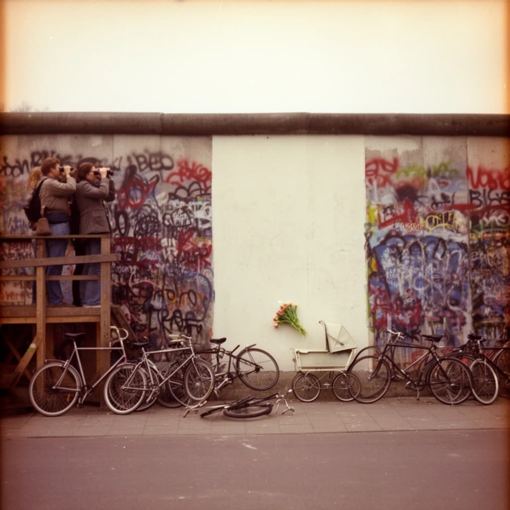 Shot on 1970s Kodachrome era color film, warm grain and slightly faded reds. A stretch of the Berlin Wall on a grey afternoon, covered in overlapping graffiti with one clean unpainted panel in the middle. Three people stand on a wooden viewing platform at the left, two of them looking over the top through binoculars while the third has turned back toward the camera with a cigarette. Four bicycles lean along the base of the wall, three upright and one fallen on its side. A pram is parked below the clean panel with a small bunch of tulips wedged into a crack above it. No cars in the frame.