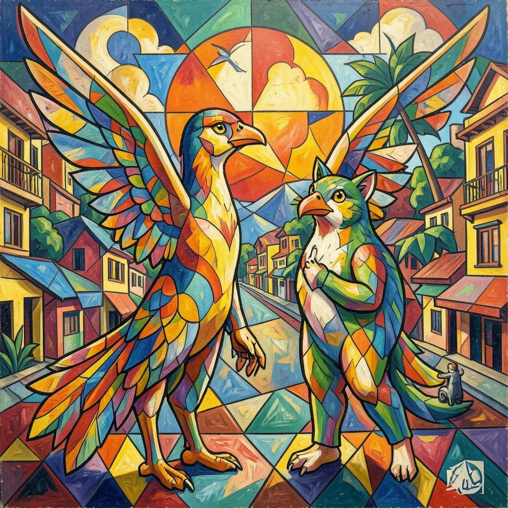 Flight Feather and Catalufa in Hanoi, Vietnam in the style of cubist