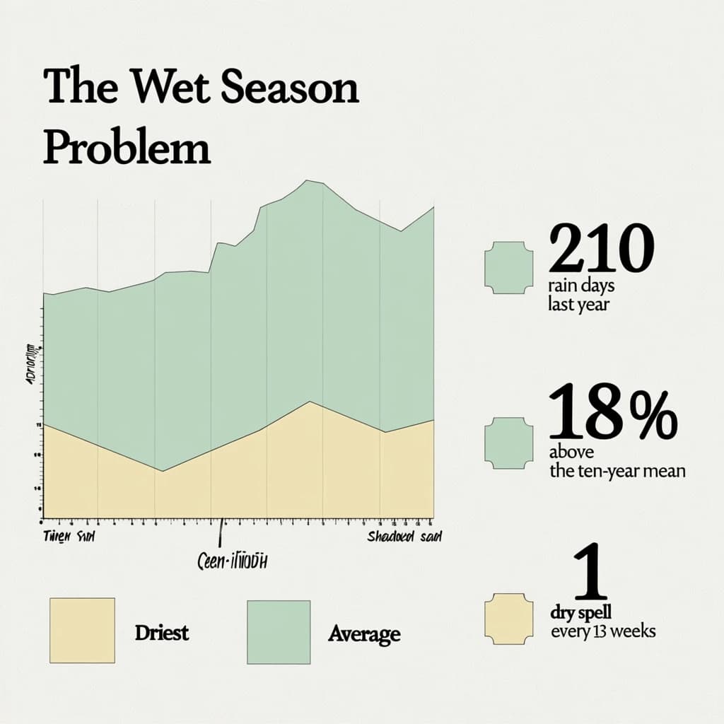 Printed poster titled "The Wet Season Problem". A twelve-month rainfall timeline sits at the center, carrying two keyed regions, "Driest" shaded sand and "Average" shaded pale green. Three stat chips run down a right column, reading "210 rain days last year", "18% above the ten-year mean" and "1 dry spell every 13 weeks". Each key color matches the shading of the region it names.