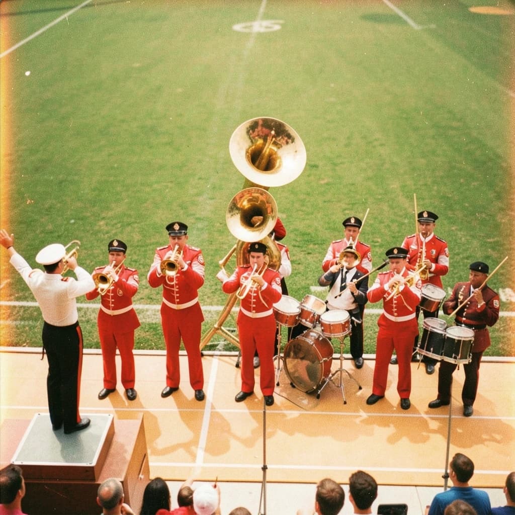 Nineteen seventies Kodachrome-era colour film look, faded warm grain and slight overexposure: a high school marching band seen from a stadium walkway. Front rank of five trumpet players in red and white uniforms, all with horns raised. Behind them three sousaphones in a triangle, the middle player caught mid turn. A line of four drummers to the right, the snare drummer nearest the camera mid stroke. A single drum major stands on a podium at the far left with his back to us, arms up. Empty green field behind them.