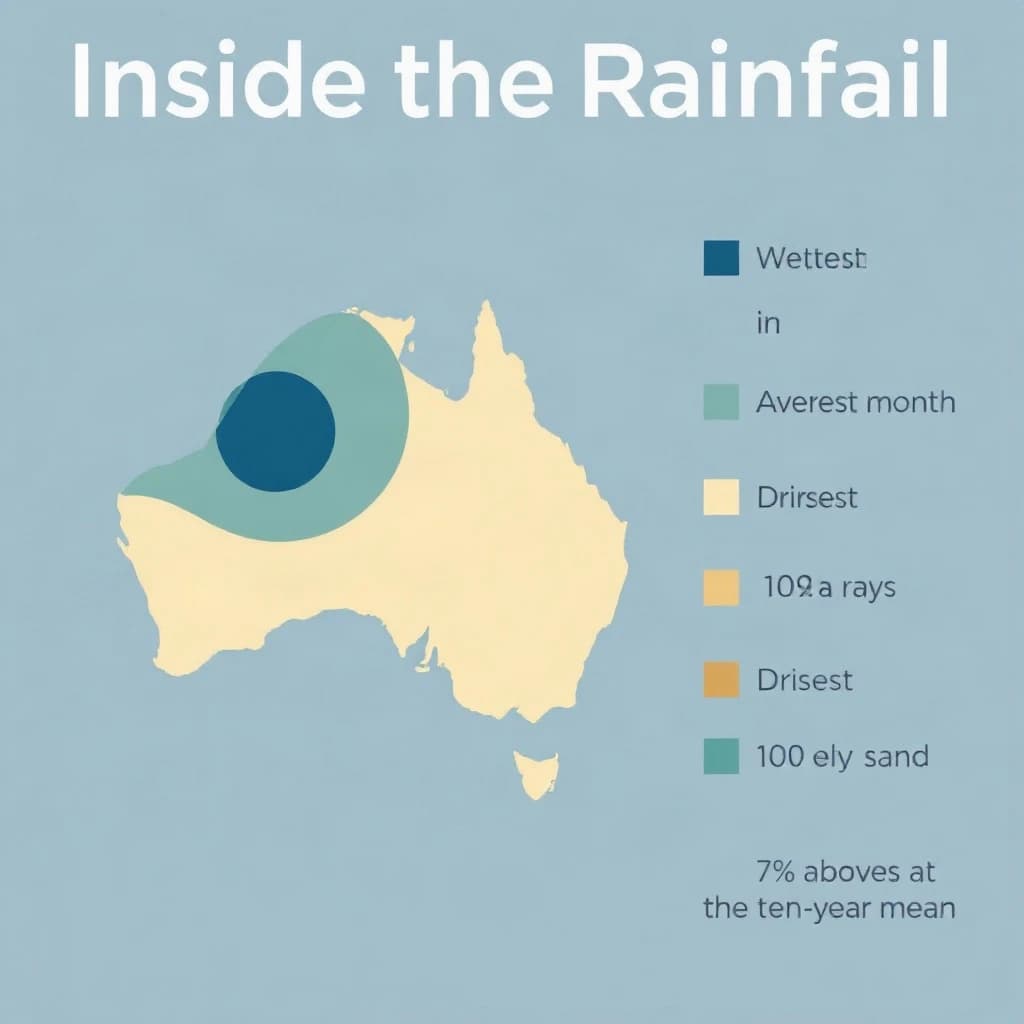 Printed poster titled "Inside the Rainfall". A simplified regional map with shaded bands sits at the center, carrying three keyed regions, "Wettest" shaded dark blue, "Average" shaded pale green and "Driest" shaded sand. Three stat chips run down a right column, reading "190mm in the wettest month", "100 rain days last year" and "7% above the ten-year mean". Each key color matches the shading of the region it names.