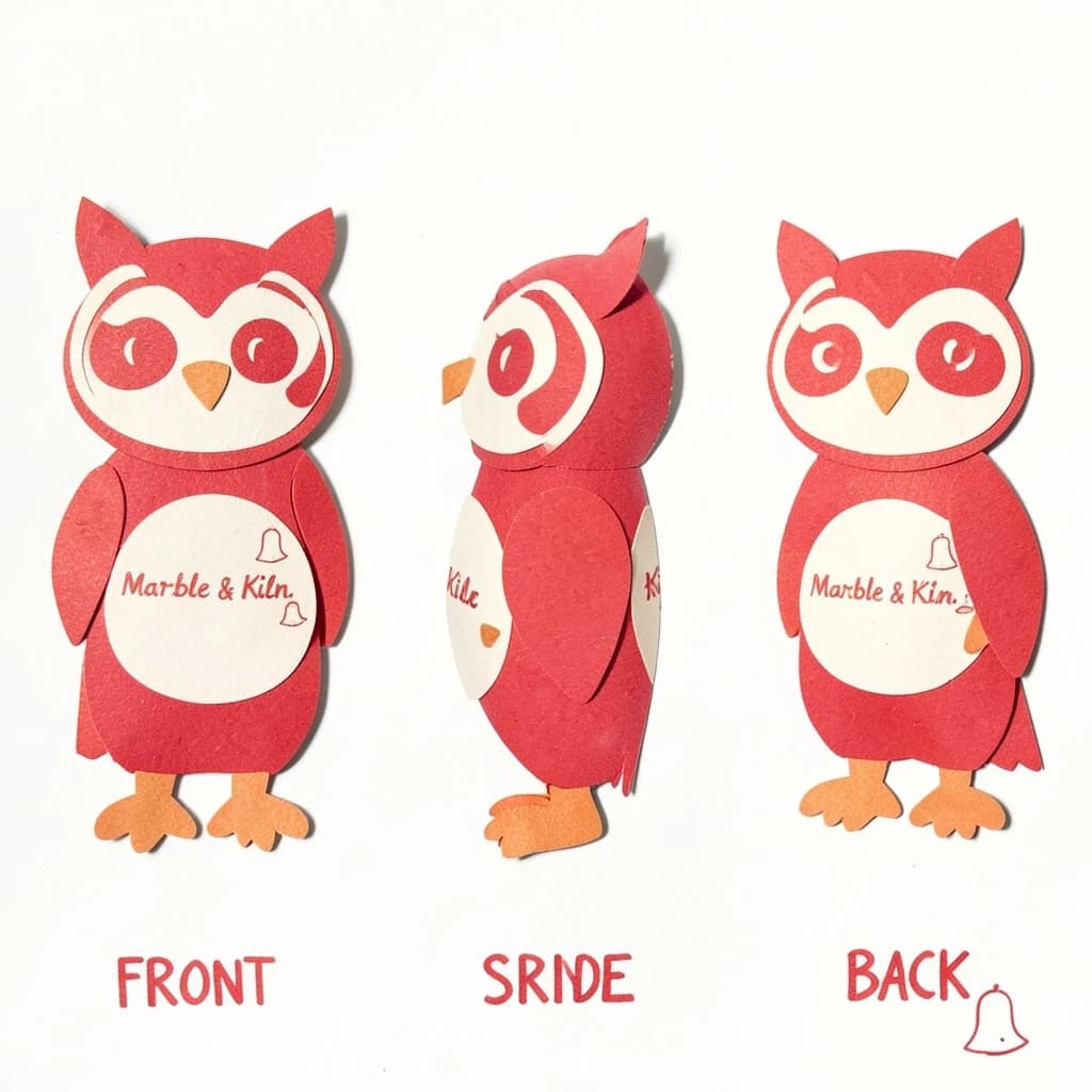 Cut-paper collage of the same bookstore owl mascot drawn in three views, captioned "front", "side" and "back", every view carrying the wordmark "Marble & Kiln" with a small bell outline beside it in the same red-and-cream coloring, only the angle changing.