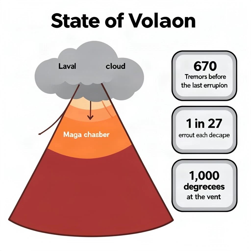 Flat vector illustration titled "State of Volcano": at the center a cutaway cone, carrying three keyed regions, "Lava channel" shaded red, "Ash cloud" shaded gray and "Magma chamber" shaded orange, beside a right column of three stat chips reading "670 tremors before the last eruption", "1 in 27 erupt each decade" and "1,000 degrees at the vent".