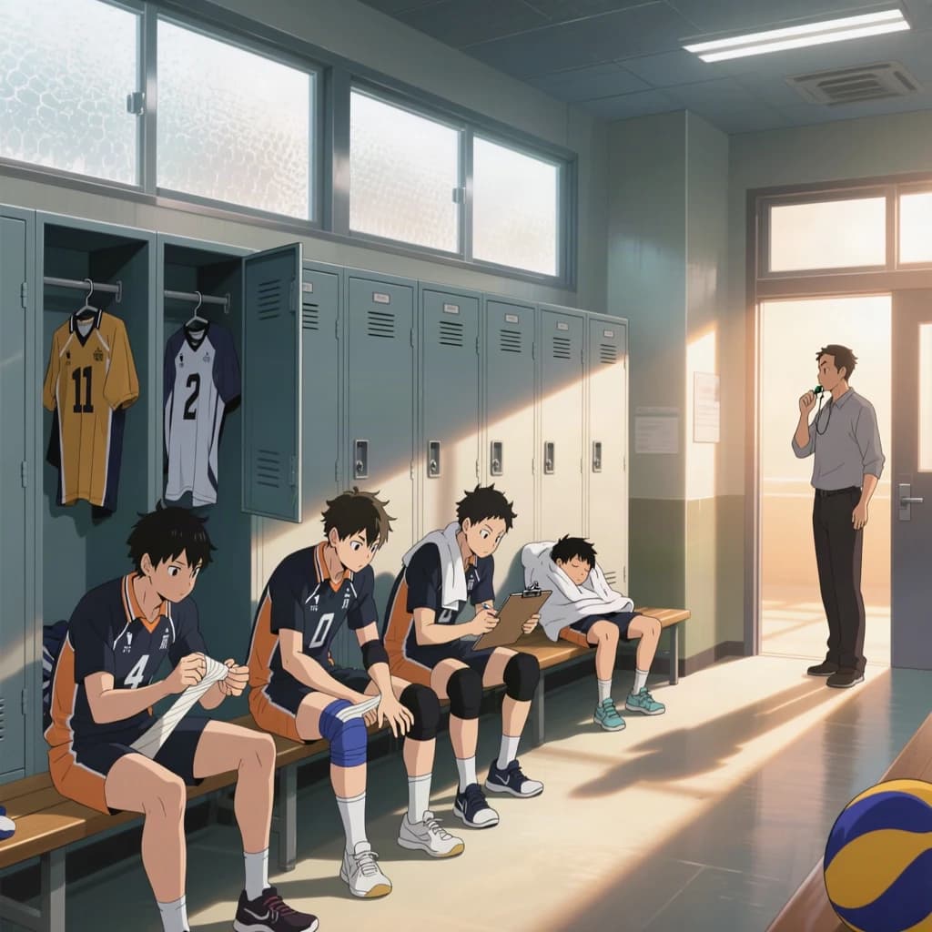 Modern anime interior for a high school volleyball series, wide view down a team locker room after practice. Eight lockers along the back wall in two banks of four, the three on the far left hanging open with jerseys spilling out and the rest shut. Four players occupy the foreground bench: the setter re-taping two fingers, the libero pulling on a knee sleeve, the captain reading a clipboard, and a first year asleep sitting upright with a towel over his face. A coach stands in the right doorway holding a whistle, half in shadow. Warm late-sun bars fall through high frosted windows, cel shading, clean bold linework.