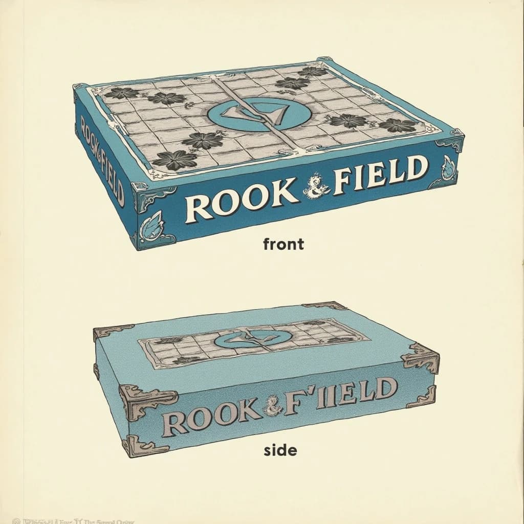 Printed poster of the same board-game box drawn in two views, captioned "front" and "side", every view carrying the wordmark "Rook & Field" with a single leaf mark beside it in the same blue-and-silver coloring, only the angle changing.