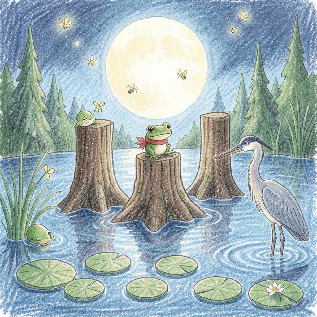 Story card in soft children's book illustration with crayon texture. A moonlit swamp with three cypress stumps in a row across the water. A small green frog in a red scarf sits on the middle stump. Two fireflies circle above his head while four more sit sleeping on the reeds to the left. A heron stands knee deep at the right edge, looking away from the frog. Nine lily pads float across the foreground, only one of them carrying a flower.