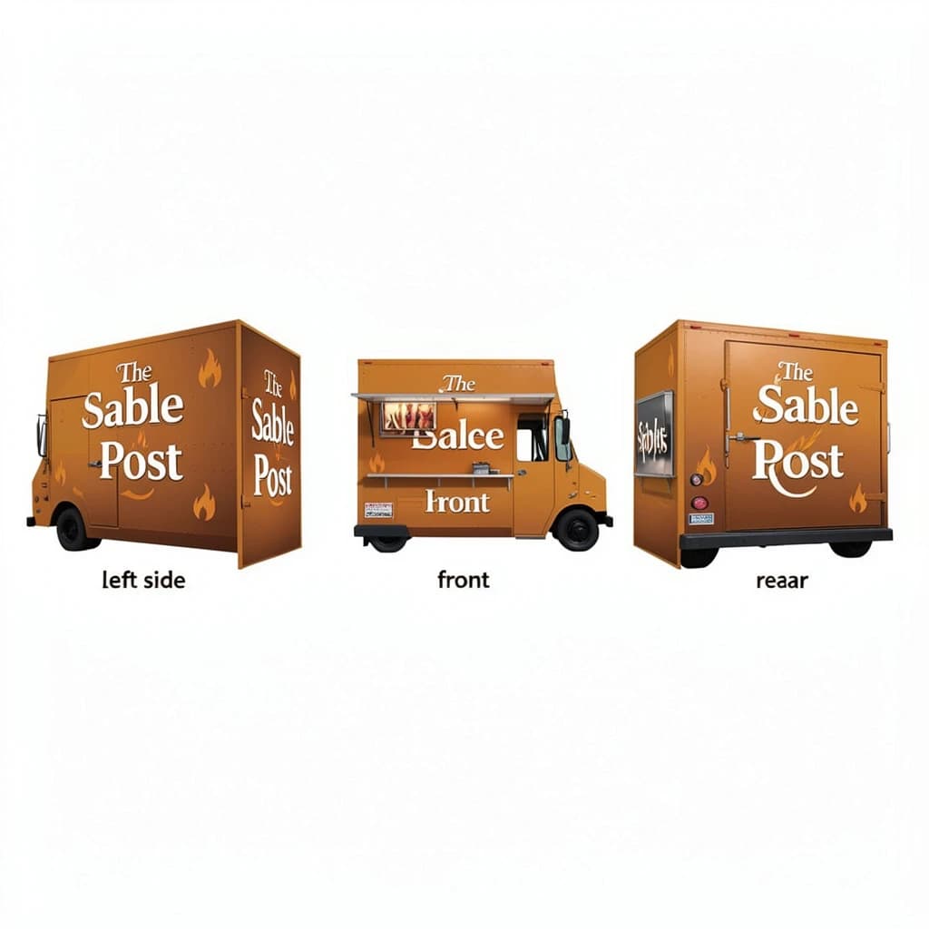 Printed poster: one food truck in three sides. The sides are captioned "left side", "front" and "rear" in that order. The wordmark "The Sable Post" appears on every side with a small flame icon beside it. The orange-and-brown coloring is the same across every side, and only the side changes.