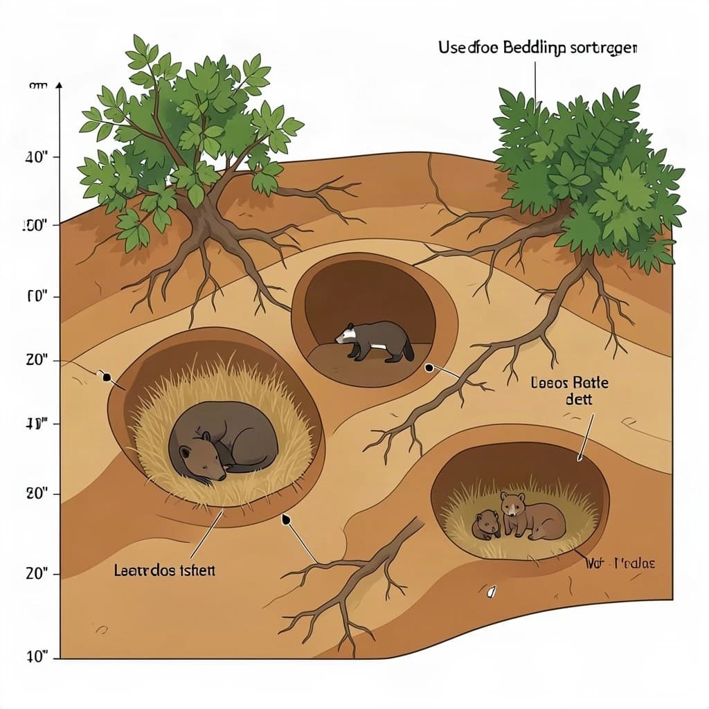 Flat vector cross-section of a badger sett cut through a hillside, soil drawn as layered ochre bands with tree roots threading through. Four chambers at different depths: the deepest lined with dry grass holding two sleeping badgers curled together, one mid level chamber standing empty, one holding three cubs, and a shallow chamber used for bedding storage. Five tunnels connect them, and two entrances break the surface, the left one under a hawthorn and the right one screened by bracken. Labels sit outside the soil profile on hairline leaders, with a depth scale in metres down the left edge.