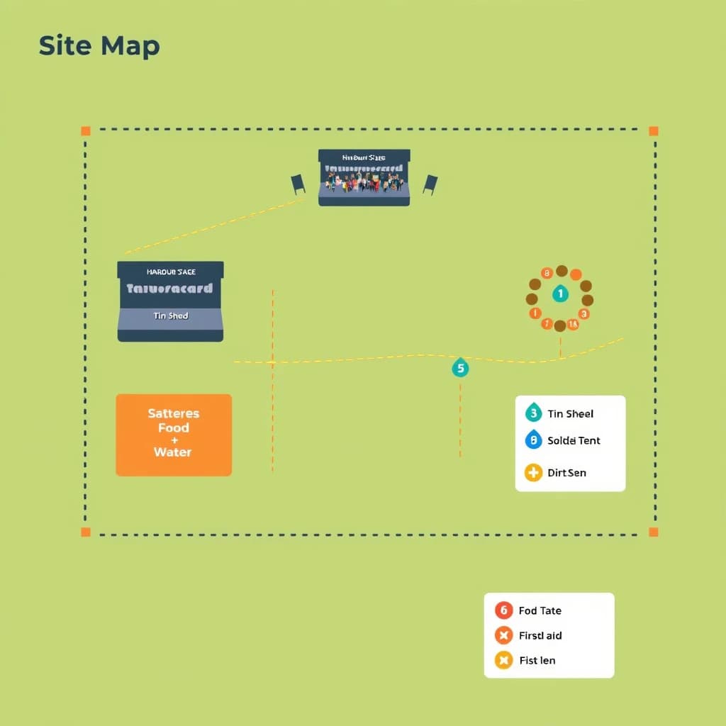 Festival site map in flat editorial infographic style, bird's eye, flat colour blocks on a sage green field inside a dotted perimeter fence.
Four stages: the main "Harbour Stage" along the north edge with a wide crowd shape in front of it, "Tin Shed" on the east, "The Orchard" on the west inside a cluster of round tree canopies, and a small circular "Silent Tent" at the south west corner with no crowd shape around it.
Two food streets run east to west between the stages, the northern one with nine numbered stalls and the southern one with six. Three water points marked by blue droplets sit one beside each of the first three stages. A single first aid cross sits where the two food streets meet the central path.
A gravel path loops the whole site as a dashed ochre line, with entrance gates on the south and east sides only.
A legend box in the lower right lists "Stages", "Food", "Water", "First aid" and "Gates", each with its own symbol. Title at the top left reads "Site Map, Saturday".