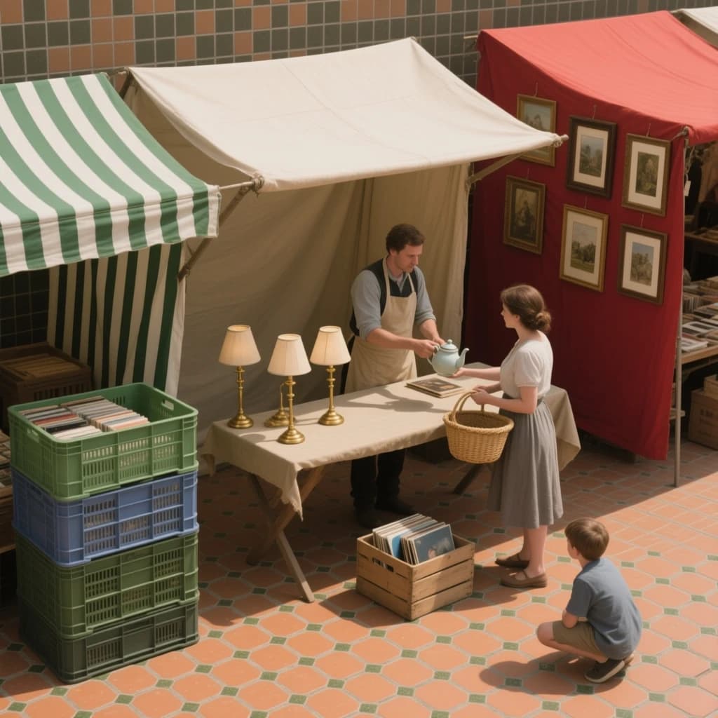Glass tile mosaic of a Sunday flea market seen from a slightly raised angle, small square tesserae and warm terracotta grout. Three stall awnings in a row: the left one striped green and white over stacked vinyl crates, the middle plain canvas over six brass lamps with only the two tallest wearing shades, the right red awning hung with nine framed pictures in three rows of three. Under the middle awning a vendor in an apron hands a teapot across the table to a woman holding a straw basket, while a boy crouches at her feet by a crate of records. No lettering anywhere.