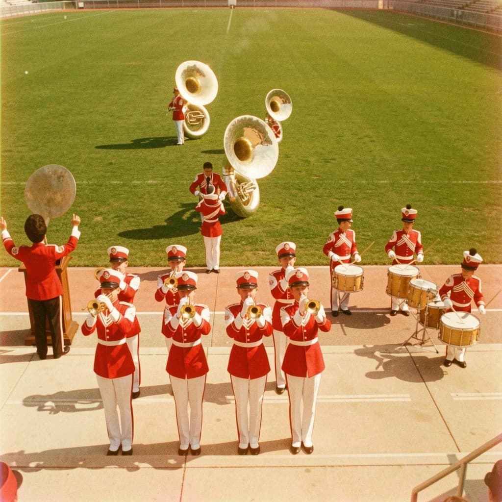 Nineteen seventies Kodachrome-era colour film look, faded warm grain and slight overexposure: a high school marching band seen from a stadium walkway. Front rank of five trumpet players in red and white uniforms, all with horns raised. Behind them three sousaphones in a triangle, the middle player caught mid turn. A line of four drummers to the right, the snare drummer nearest the camera mid stroke. A single drum major stands on a podium at the far left with his back to us, arms up. Empty green field behind them.