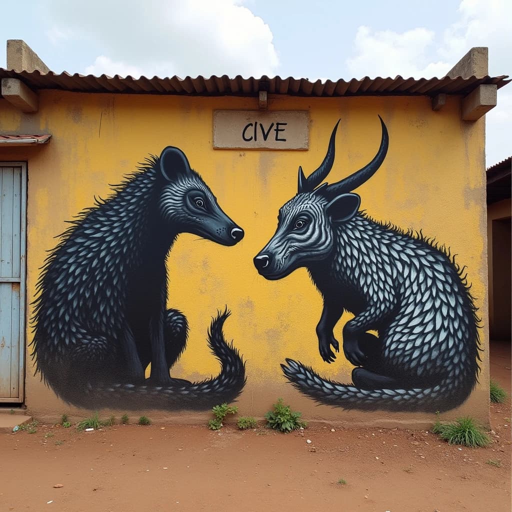 Civet and Aardvark in Yamoussoukro, Côte d'Ivoire in the style of graffiti