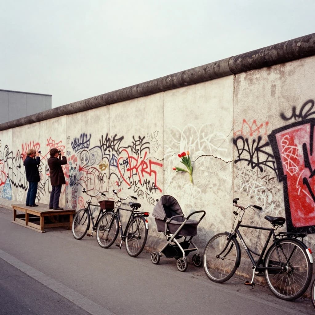 Shot on 1970s Kodachrome era color film, warm grain and slightly faded reds. A stretch of the Berlin Wall on a grey afternoon, covered in overlapping graffiti with one clean unpainted panel in the middle. Three people stand on a wooden viewing platform at the left, two of them looking over the top through binoculars while the third has turned back toward the camera with a cigarette. Four bicycles lean along the base of the wall, three upright and one fallen on its side. A pram is parked below the clean panel with a small bunch of tulips wedged into a crack above it. No cars in the frame.