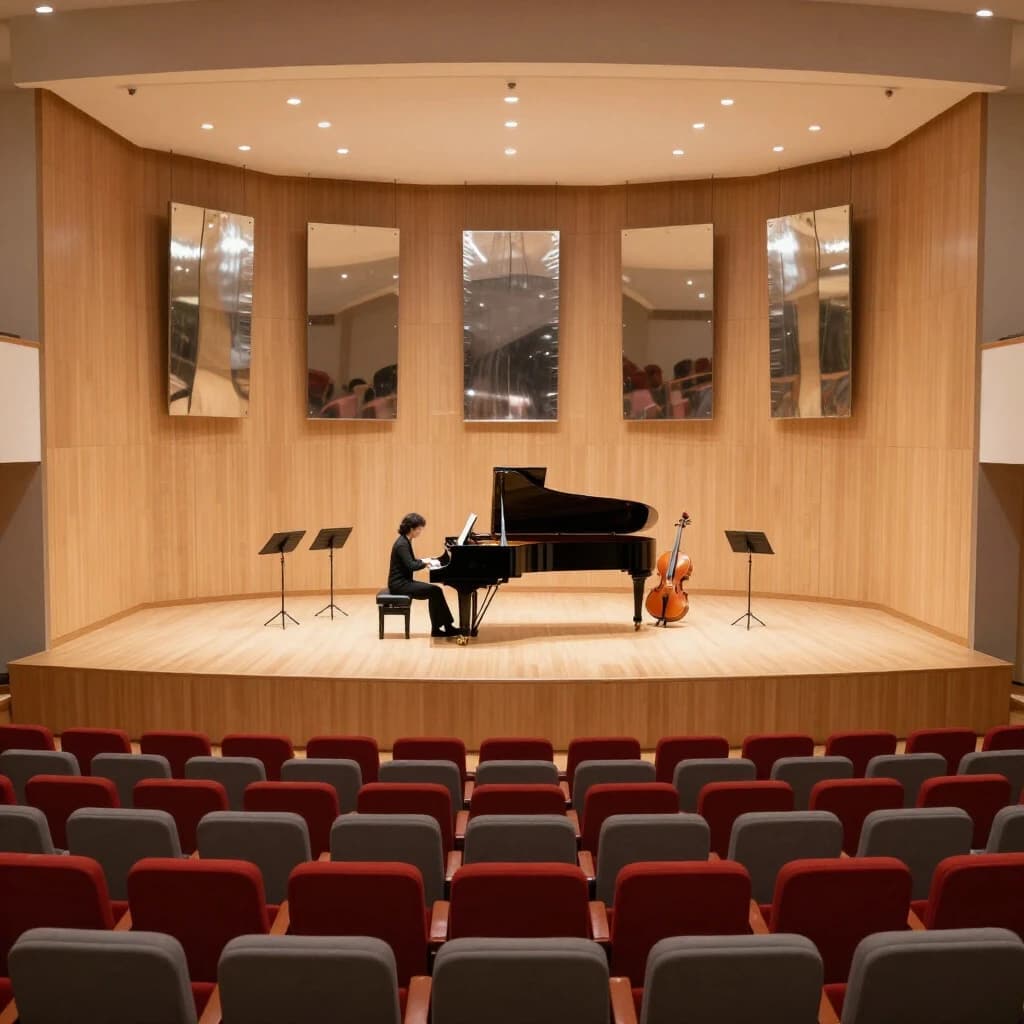 Interior visualization of a small chamber music hall lined in pale oak, seen from the side balcony. A pianist in black plays the only grand piano on stage, lid raised toward the room, a page turner seated to her left. Four empty music stands form a semicircle behind the piano, and a single cello rests on its side beside the last stand. Nine curved reflector panels hang over the stage, the three centre ones lower than the rest. The first two rows of seating are red, every row behind them grey, and all the front row seats are folded up. Photorealistic render, warm stage light.