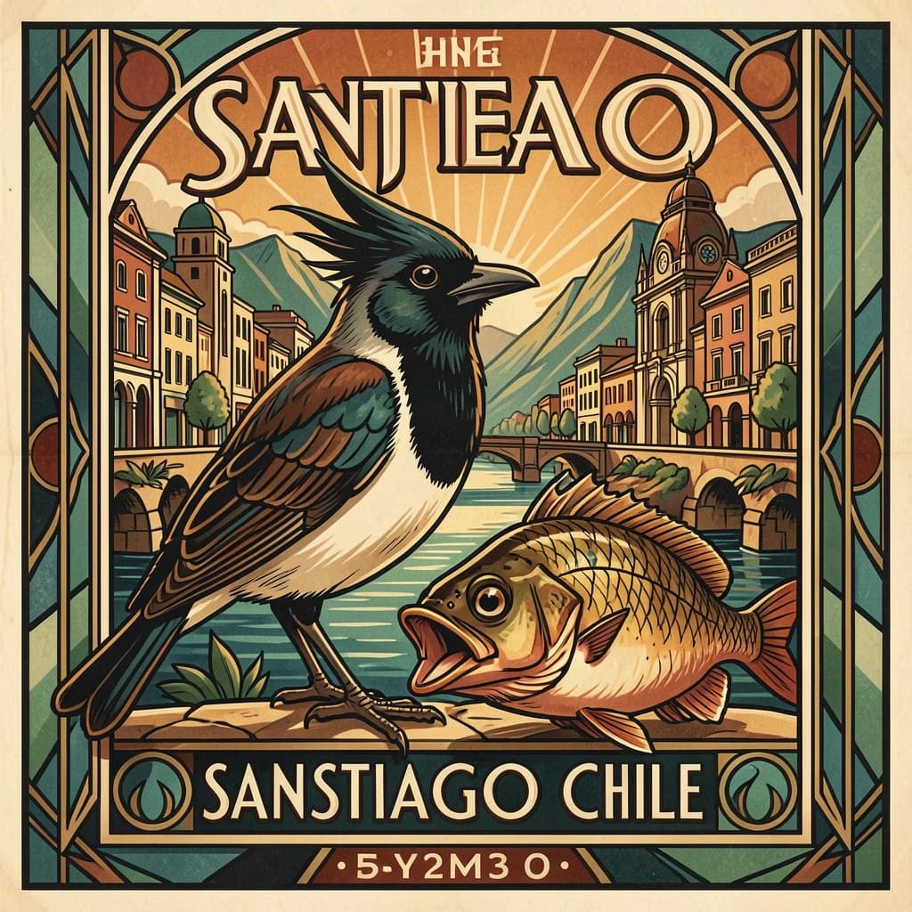 Crested Myna and Gudgeon in Santiago, Chile in the style of art deco