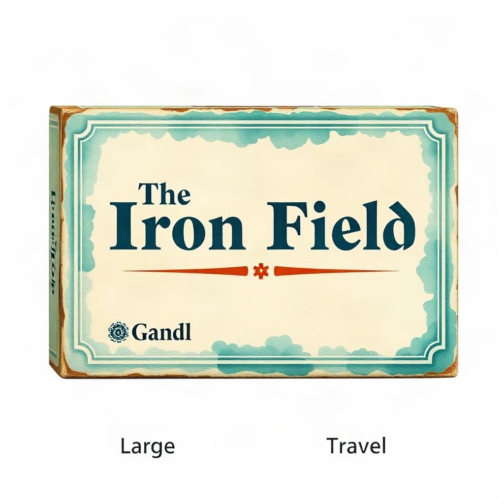 Watercolor: one board-game box in two editions. The editions are captioned "Large" and "Travel" in that order. The wordmark "The Iron Field" appears on every edition with a six-tooth gear mark beside it. The teal-and-cream coloring is the same across every edition, and only the box size changes.